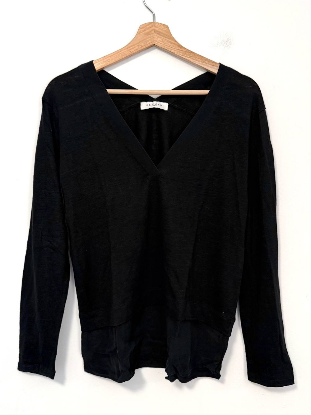Sandro Paris Size 3 US Large Black Linen Silk V Neck Long Sleeve Blouse